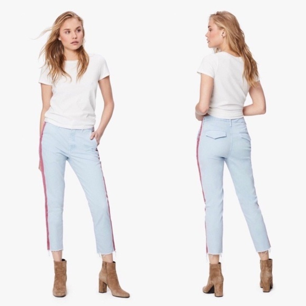 MOTHER The Shaker Prep Fray Tapered Leg Jeans Killing Time Blue/Red sz 27